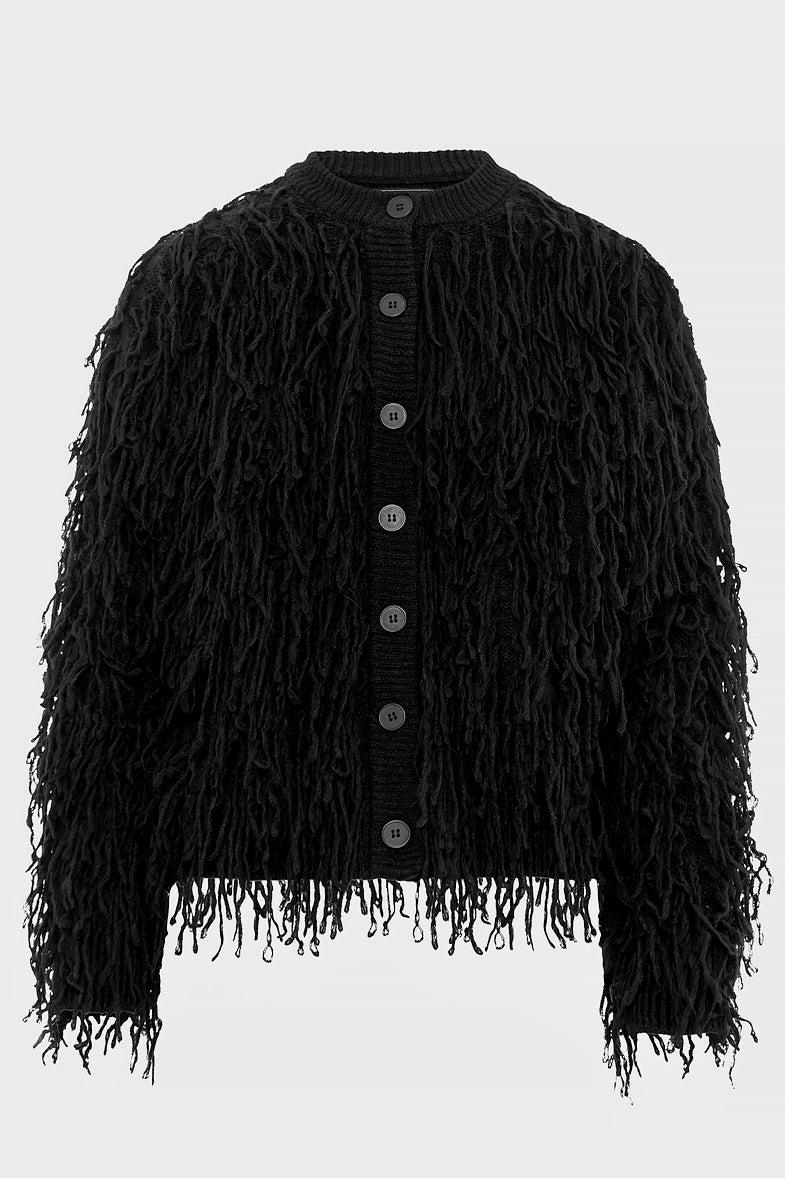 Tailor Made - Boho Touch Κοντή Πλεκτή Ζακέτα με Κρόσσια Μαύρη
