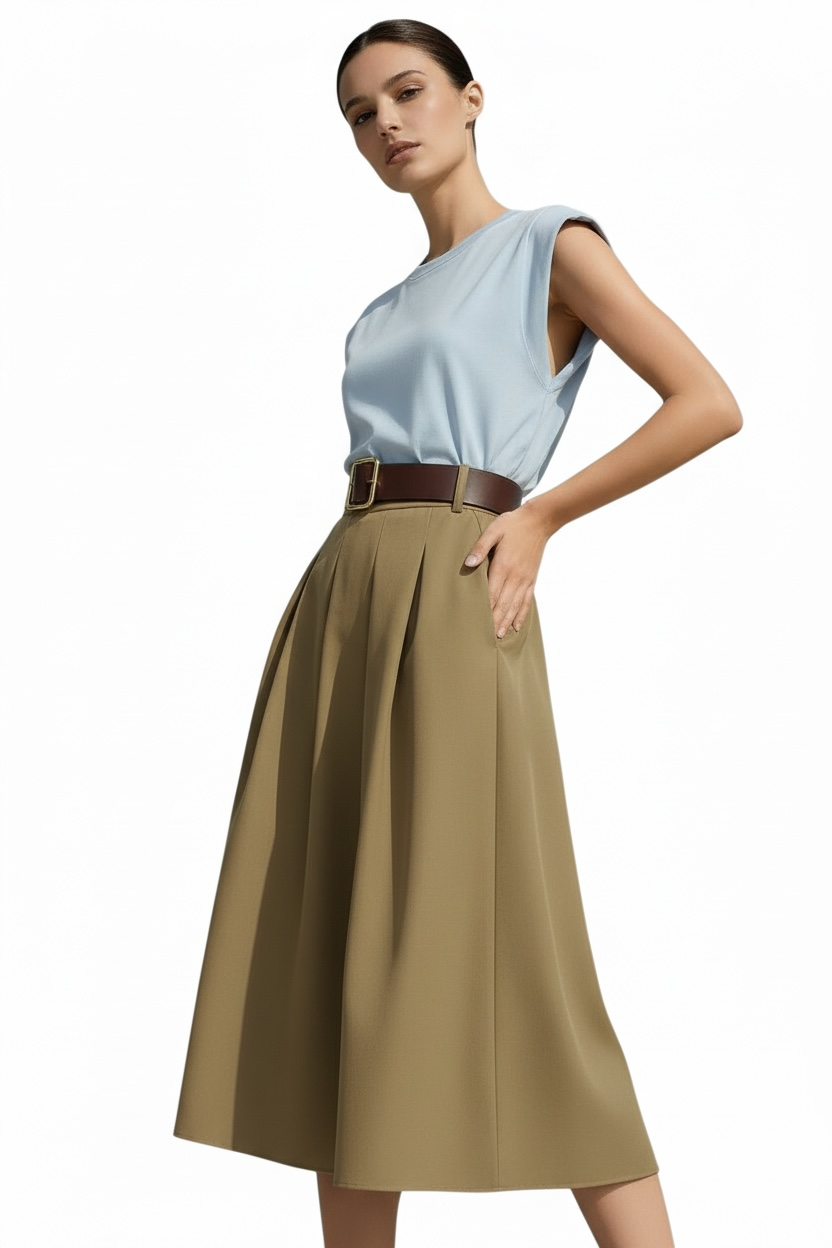 Charizma - Φούστα Μακριά Με Πιέτες Χακί