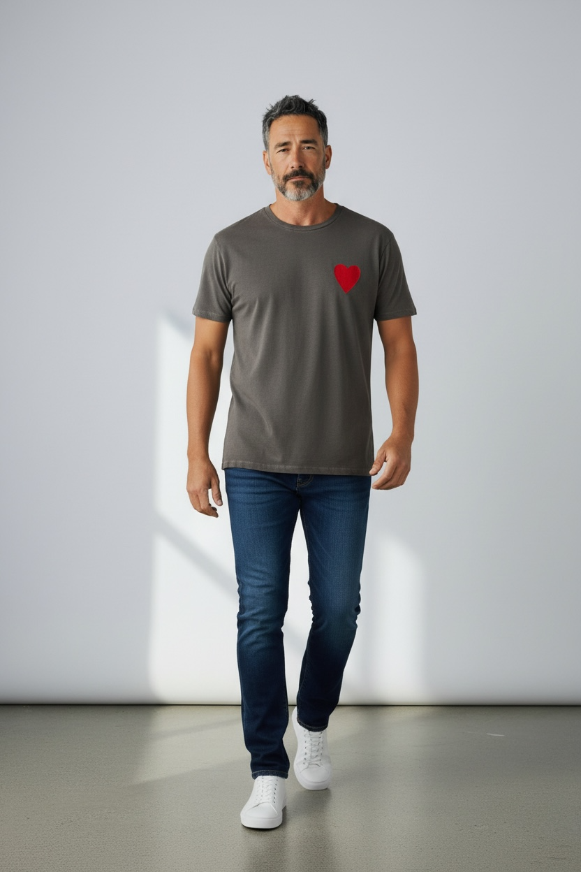 Charizma - Unisex Βαμβακερό Γκρι Μακό T-Shirt Oversized με Στάμπα Τρίλιζα