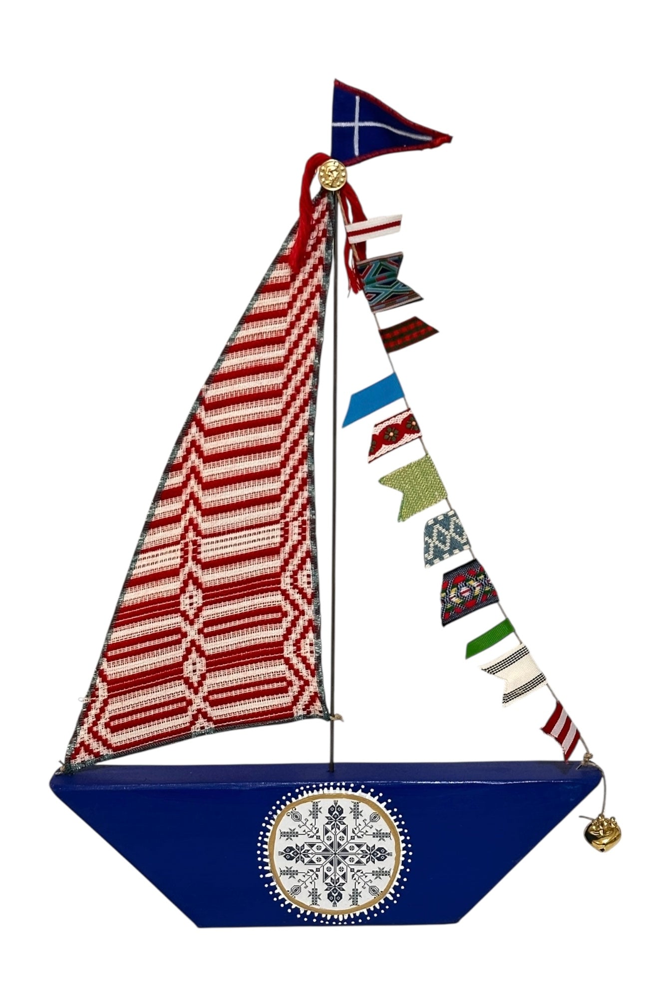 Maria Davilla - Χειροποίητο Μεγάλο Καράβι Με Ξύλινη βάση, Υφαντό Πανί & Σημαιάκια Μπλε