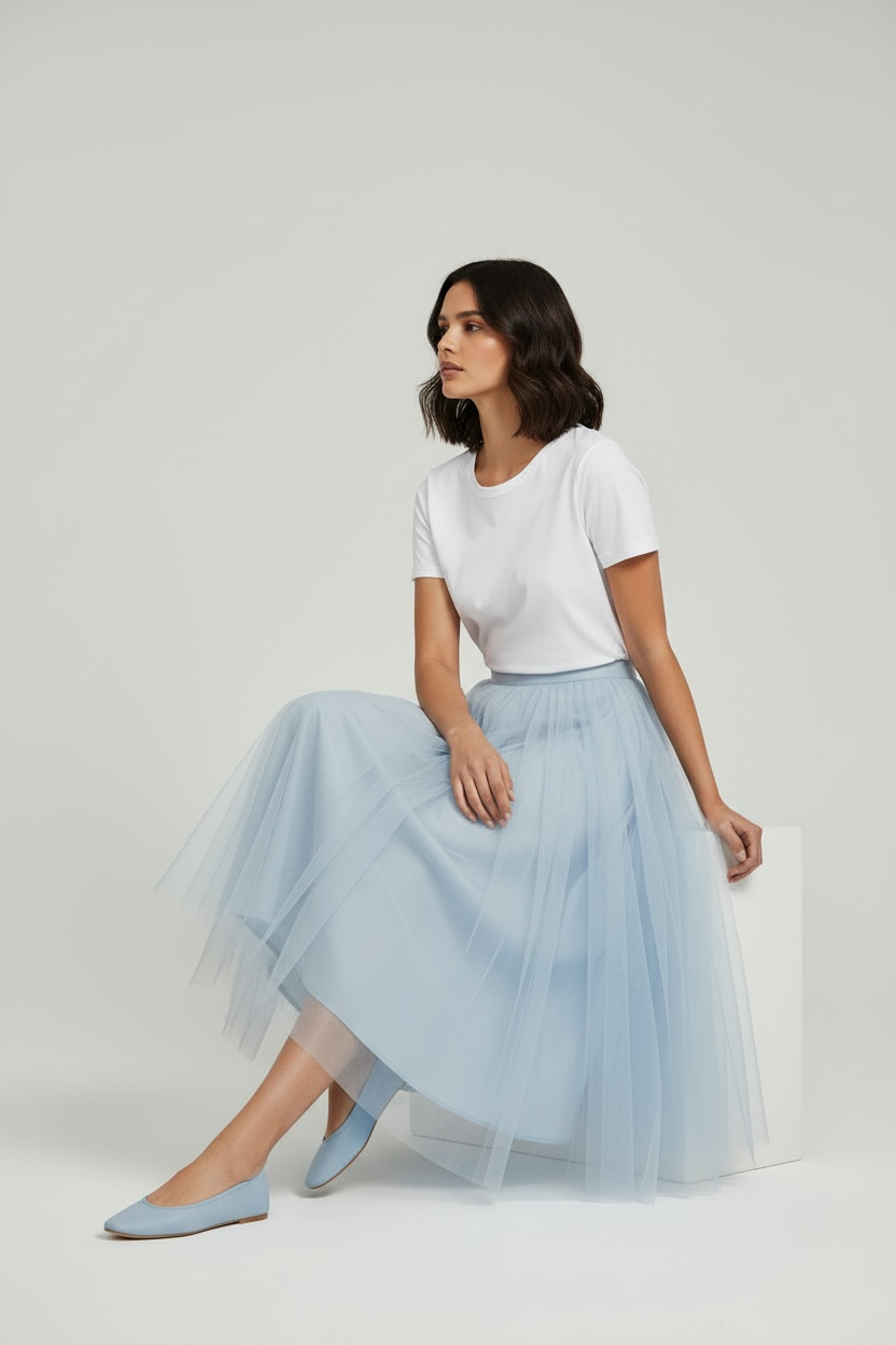 Charizma - Μακριά Φούστα από Τούλι με Ελαστική Μέση & Εσωτερική Φόδρα Γαλάζια
