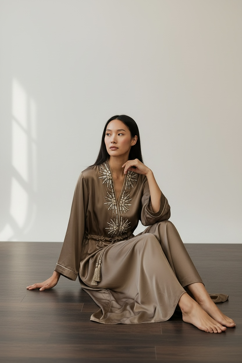 Charizma - Μάξι Καφτάνι Φόρεμα με Διακοσμητικά Στοιχεία και Ρυθμιζόμενη Μέση Καφέ