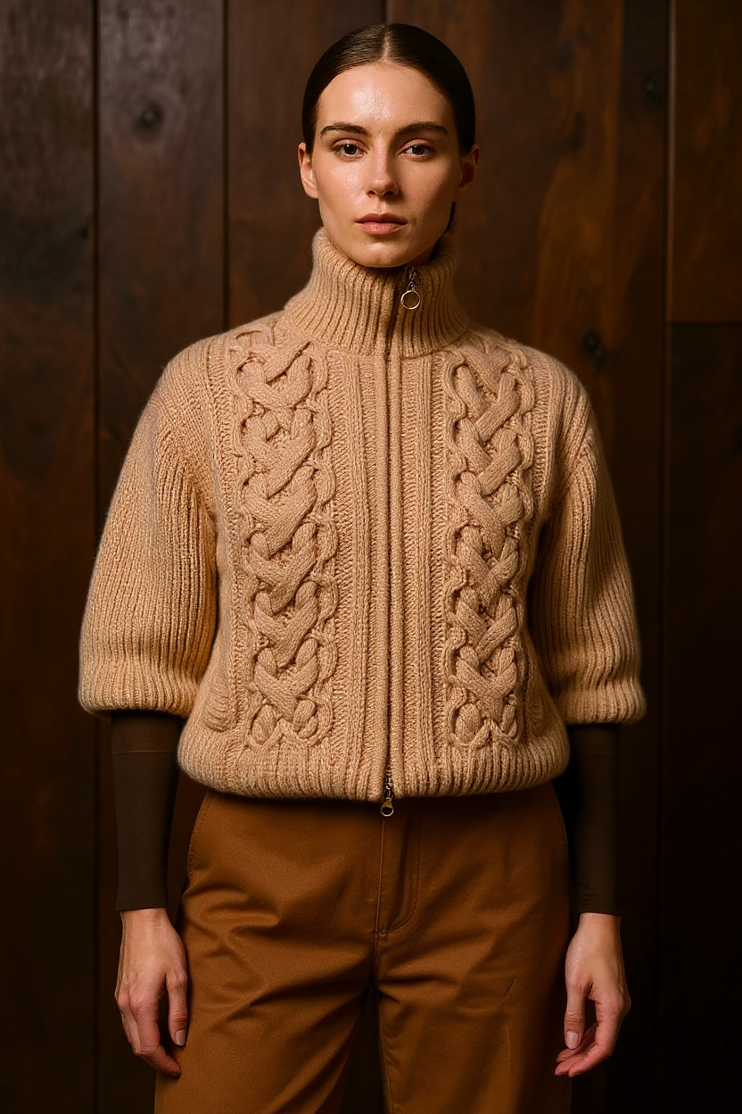 Tailor Made - Πλεκτό Ζιβάγκο Κοντό Μπουφάν με Φερμουάρ & Έντονη Πλέξη Μπεζ