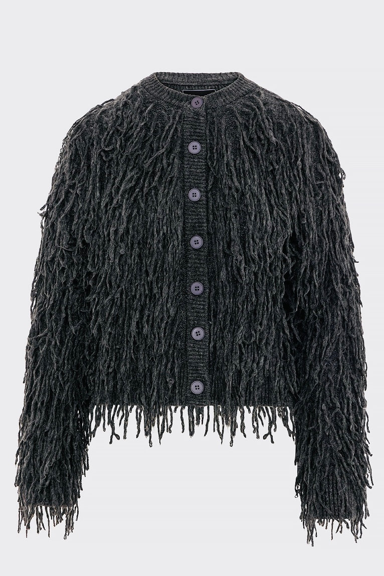 Tailor Made - Boho Touch Κοντή Πλεκτή Ζακέτα με Κρόσσια Γκρι