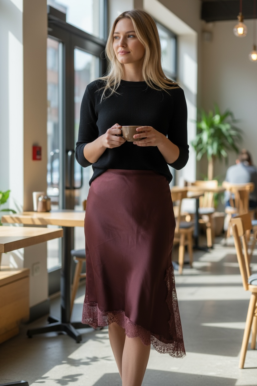 Charizma - Φούστα Σατέν Με Δαντέλα Και Σκίσιμο Καφέ