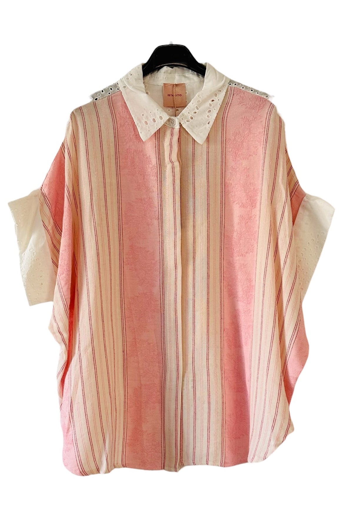 Zeta Otto - Oversized Λινό Πουκάμισο με Υφαντό & Κιπούρ Δαντέλα Ροζ