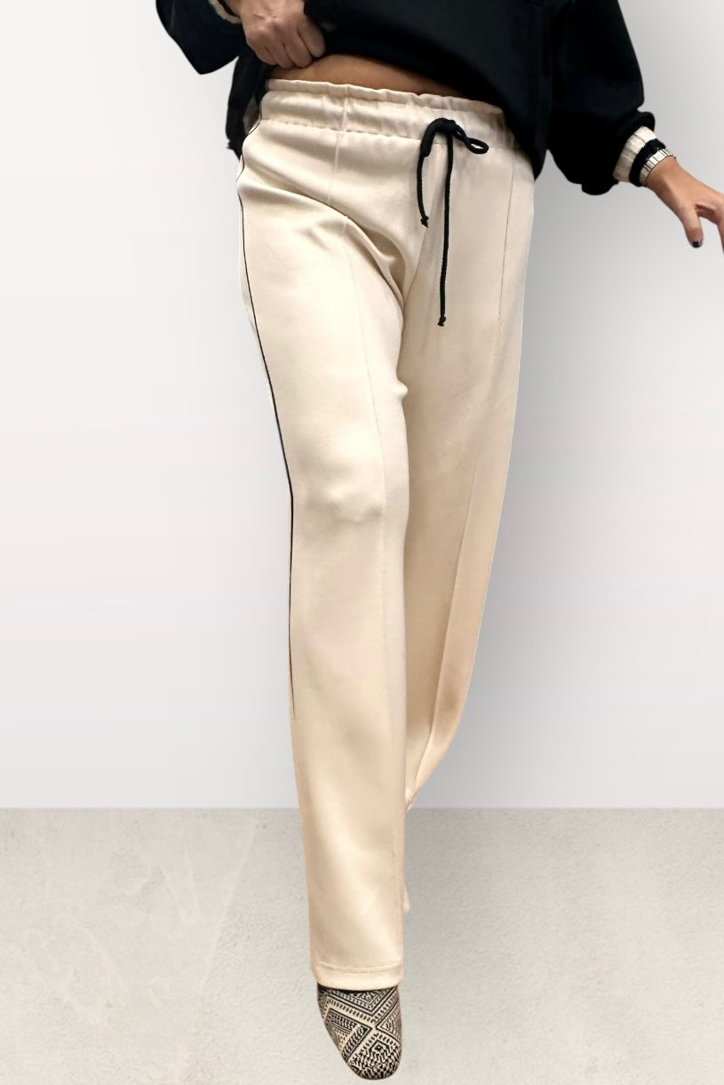 Figaro - Φαρδιά Παντελόνα Μπεζ με Λάστιχο & Μαύρη Ρίγα στο Πλάι