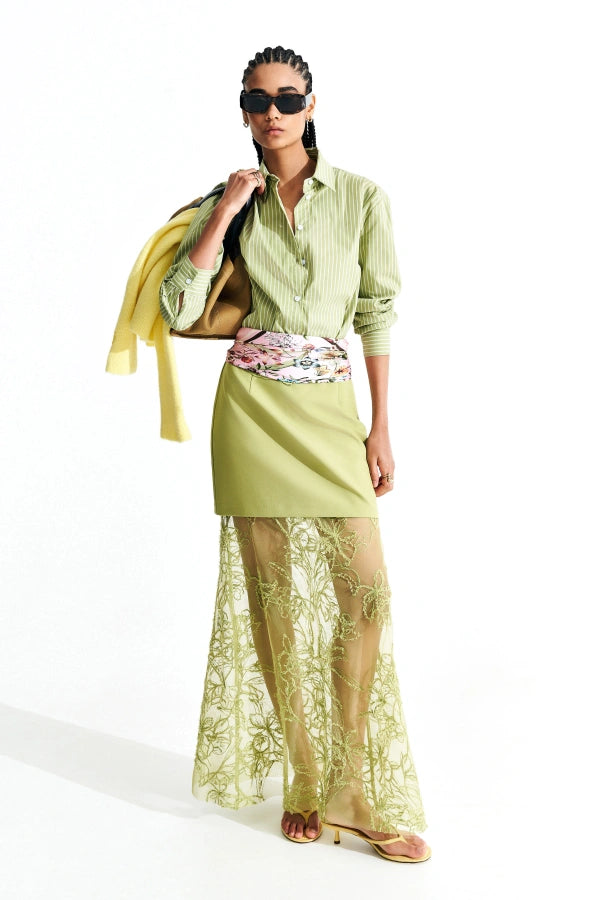 Lumina - Ριγέ Λαδί Πουκάμισο με Μακριά Μανίκια