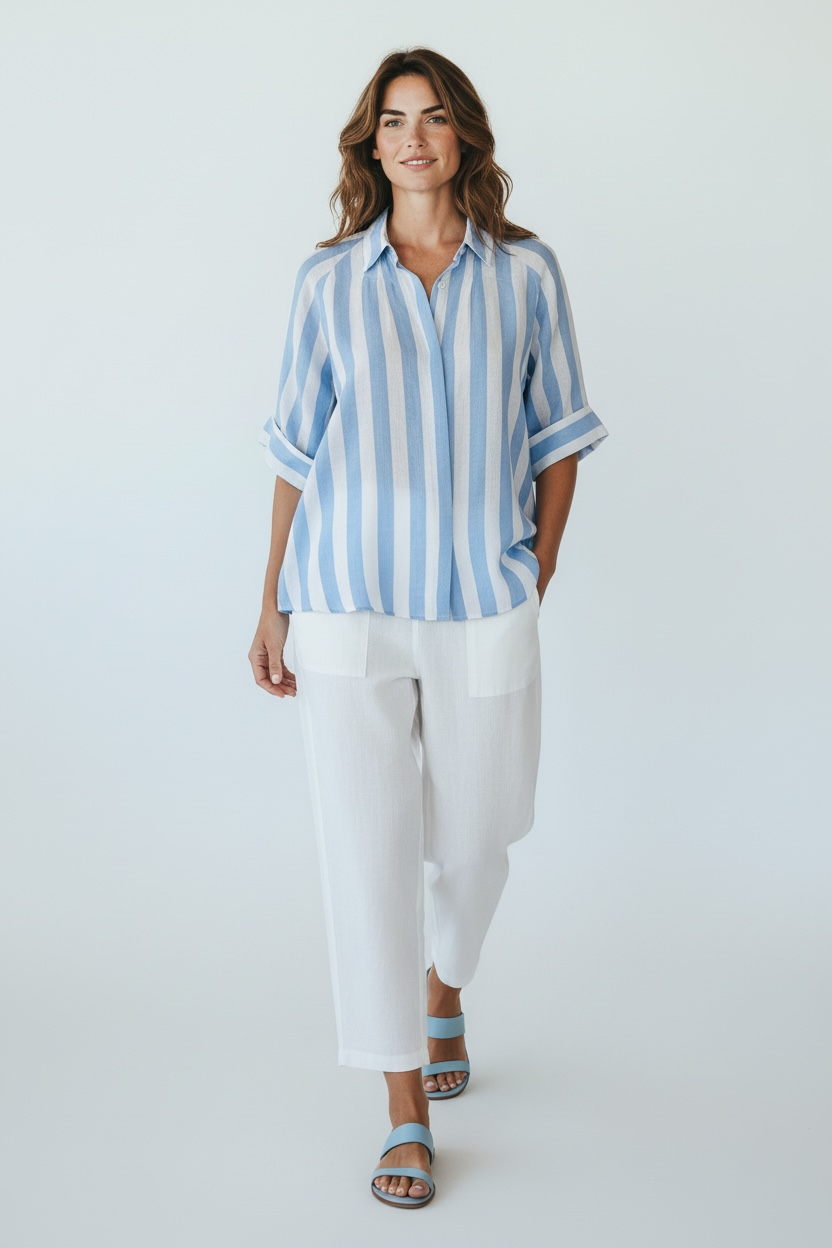 Zeta Otto - Γαλάζιο ριγέ λινό πουκάμισο με κοντά μανίκια & άνετη γραμμή