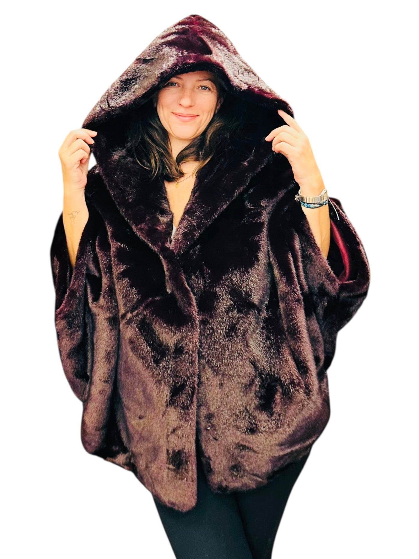 Charizma - Συνθετική Γούνα με Κουκούλα, Τσέπες σε Στυλ Κάπας Μπορντό