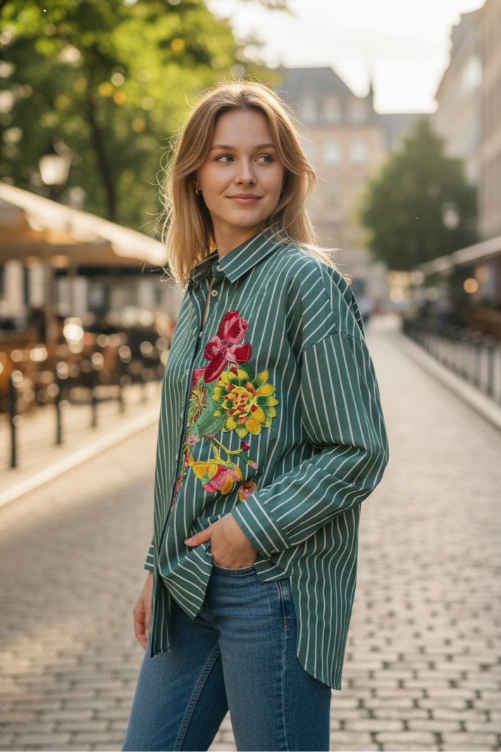 ANLYTA - Πουκάμισο Πετρολ Ριγέ Oversized Με Κέντημα