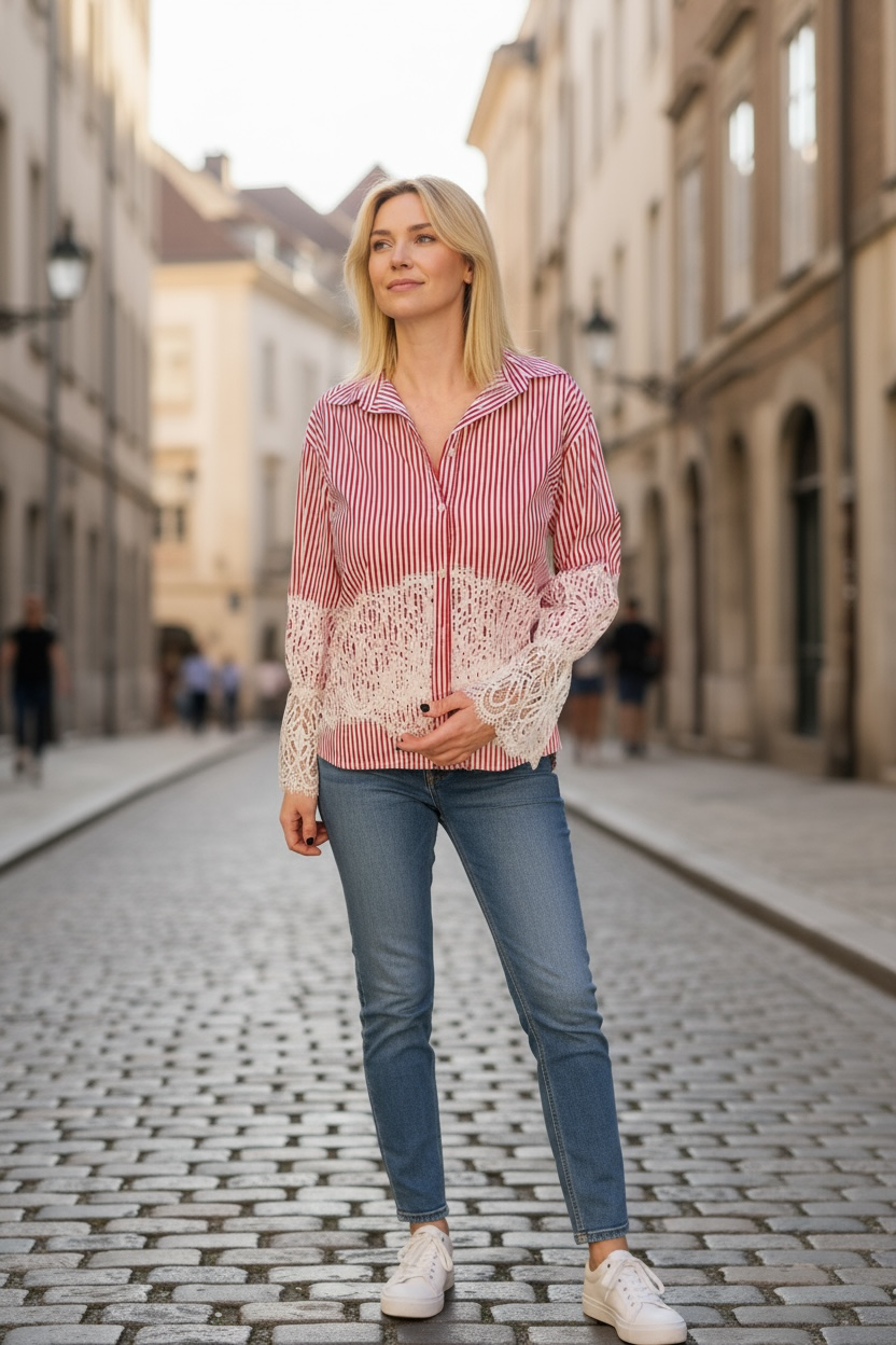 Cache Cache - Πουκάμισο Ριγέ Κόκκινο Με Δαντέλα