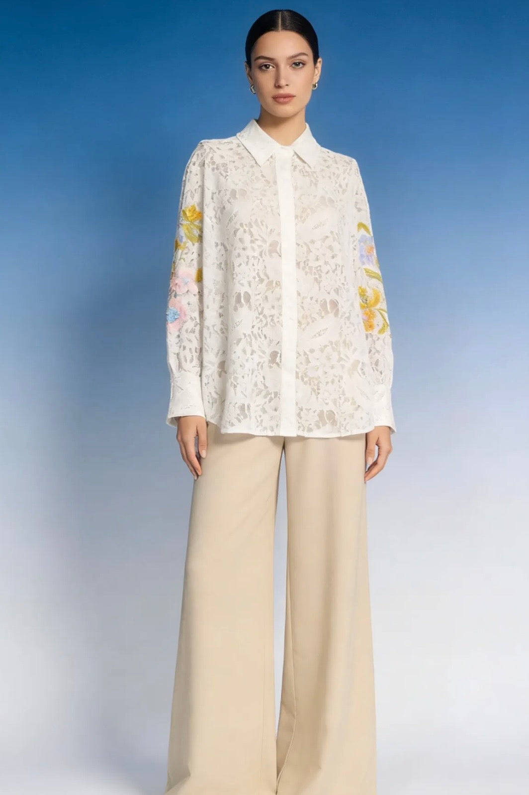 Zeta Otto - Oversized Δαντελένιο Μπεζ Πουκάμισο με Patches στα Μανίκια