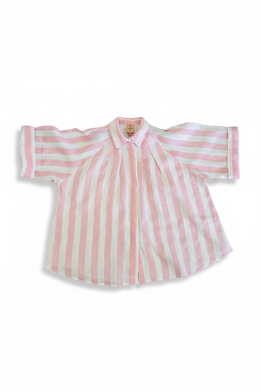 Zeta Otto - Ροζ ριγέ λινό πουκάμισο με κοντά μανίκια & άνετη γραμμή