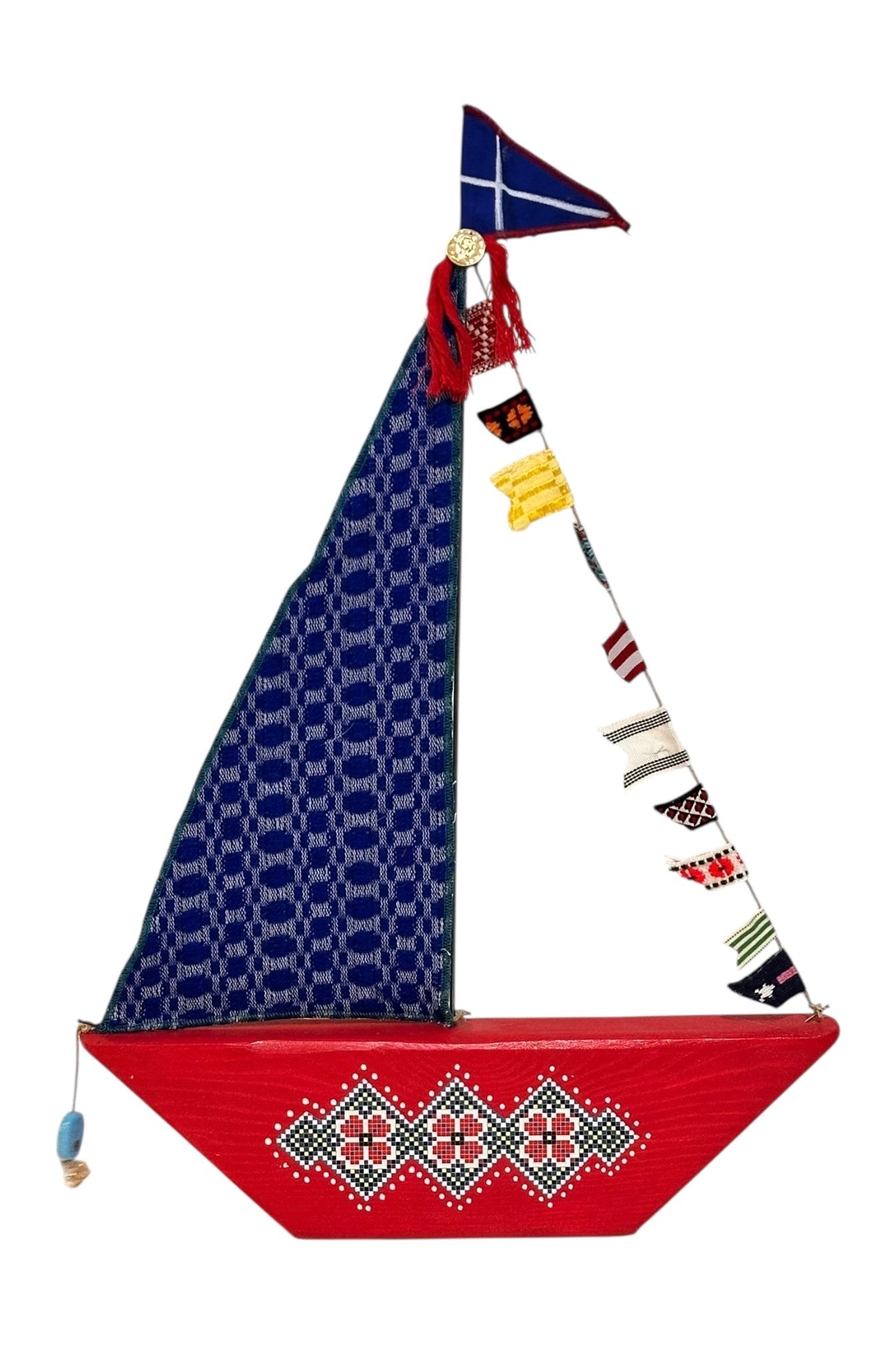 Maria Davilla - Χειροποίητο Μεγάλο Καράβι Με Ξύλινη βάση, Υφαντό Πανί & Σημαιάκια Κόκκινο