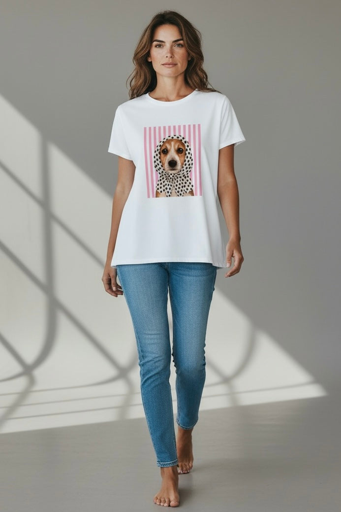 Charizma - Λευκό Μακό T-Shirt με Στάμπα Σκυλάκι & Ροζ Ρίγες