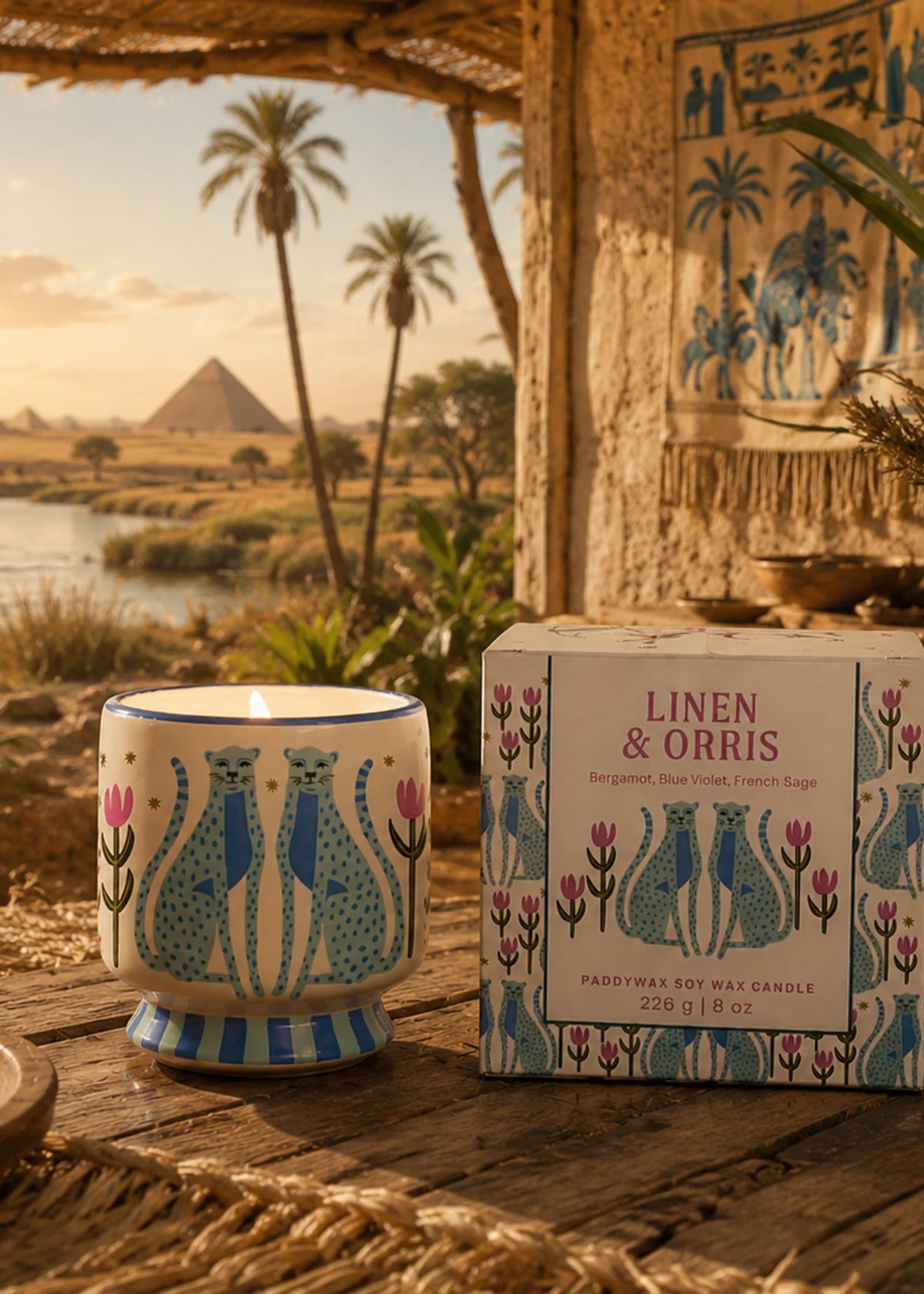 Paddywax Adopo Blue Cheetahs - Κεραμικό κερί σόγιας, Linen & Orris 226gr & Σπίρτα 75 τεμ