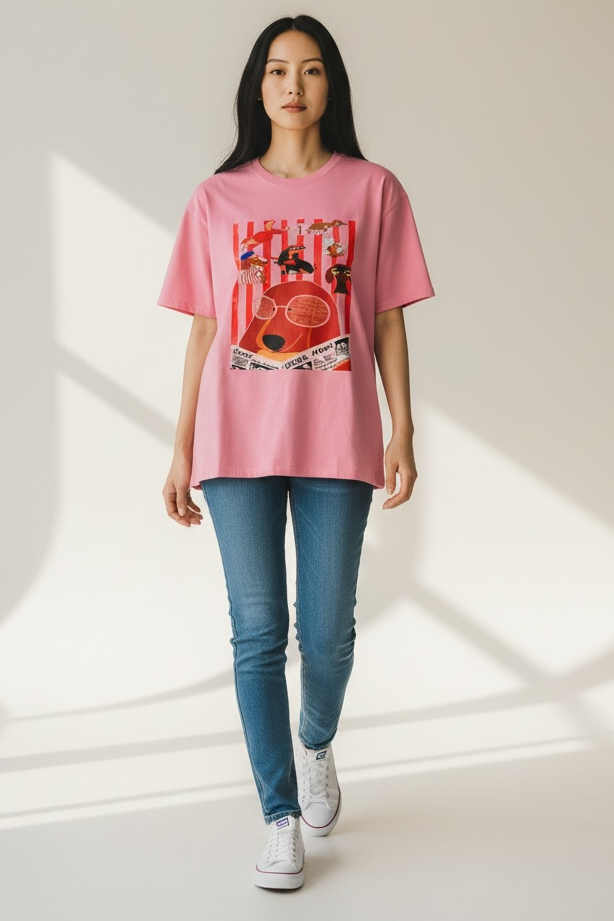 Charizma - Unisex Βαμβακερό Ροζ Μακό T-Shirt Oversized με Στάμπα Σκυλάκια