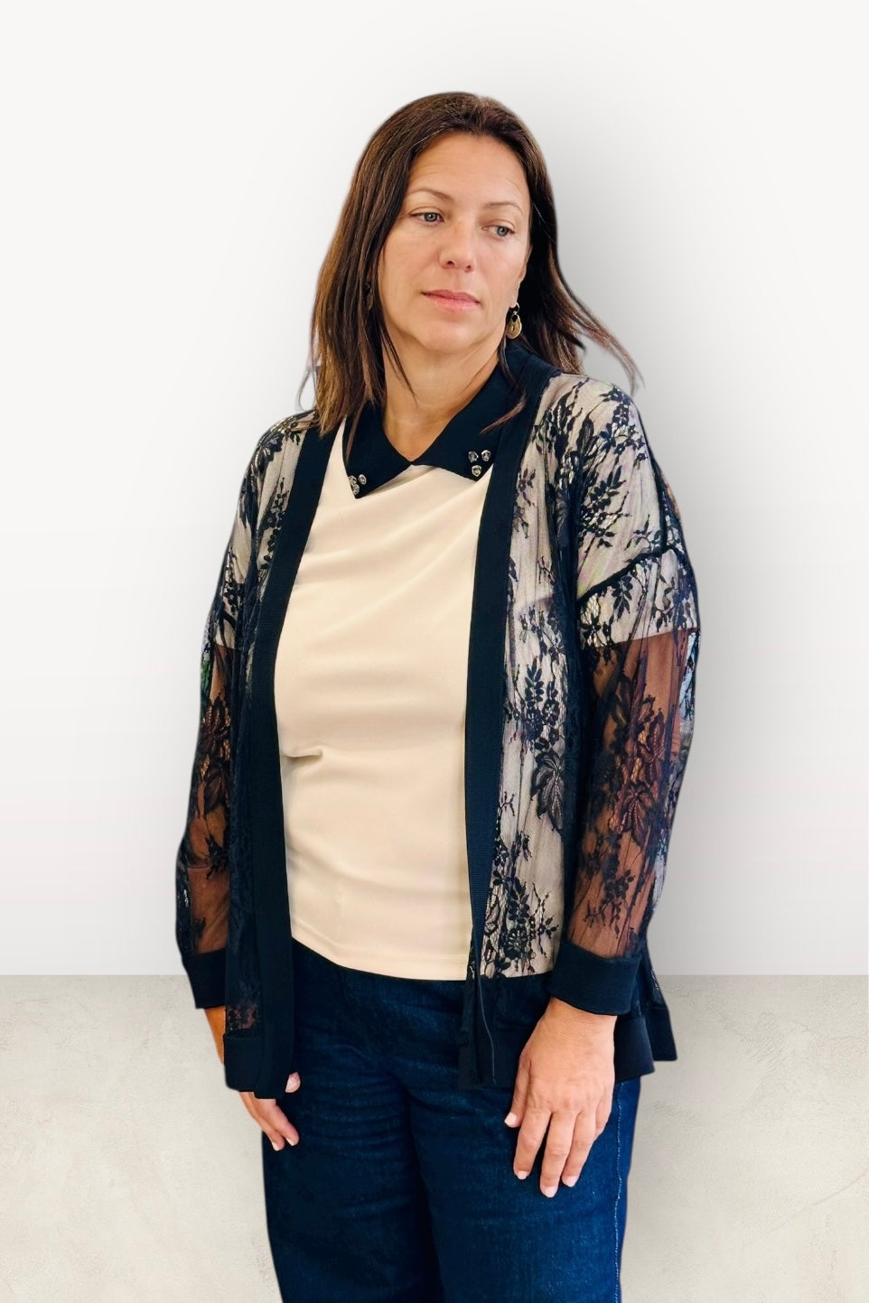 Figaro - Ζακέτα Δαντέλα με Μακρύ Μανίκι χωρίς Κουμπιά