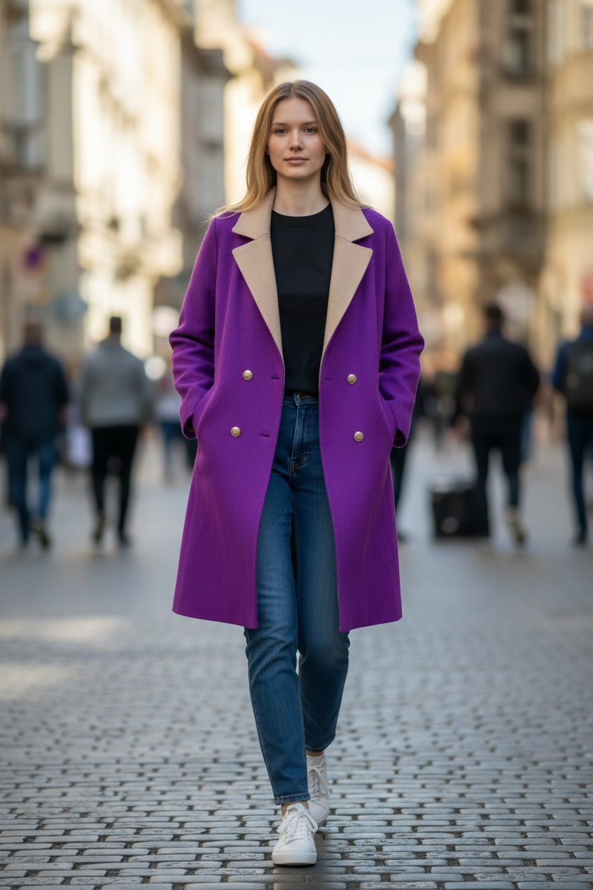 Orlinn - Ζακέτα Midi με Διπλή Απόχρωση στο Πέτο & Διακοσμητικά Χρυσά Κουμπιά Μωβ