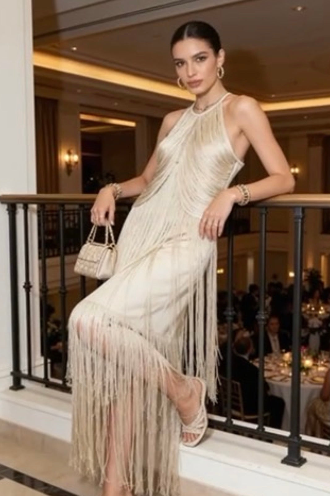 Charizma - Βραδινό Maxi Φόρεμα με Κρόσσια & Παρτούς Ώμους Μπεζ