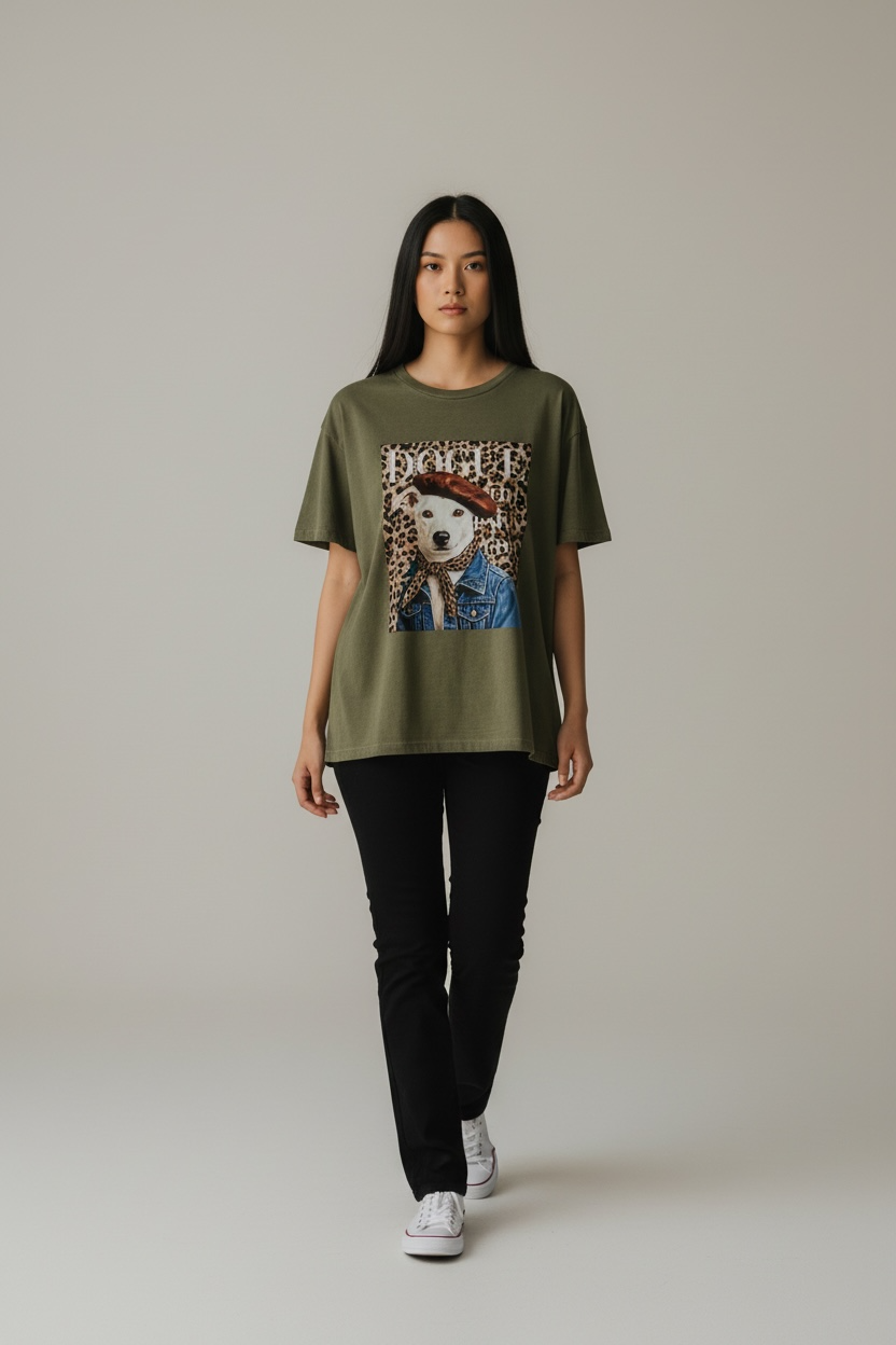 Charizma - Unisex Βαμβακερό Χακί Μακό T-Shirt Oversized με Στάμπα Dogue Paris