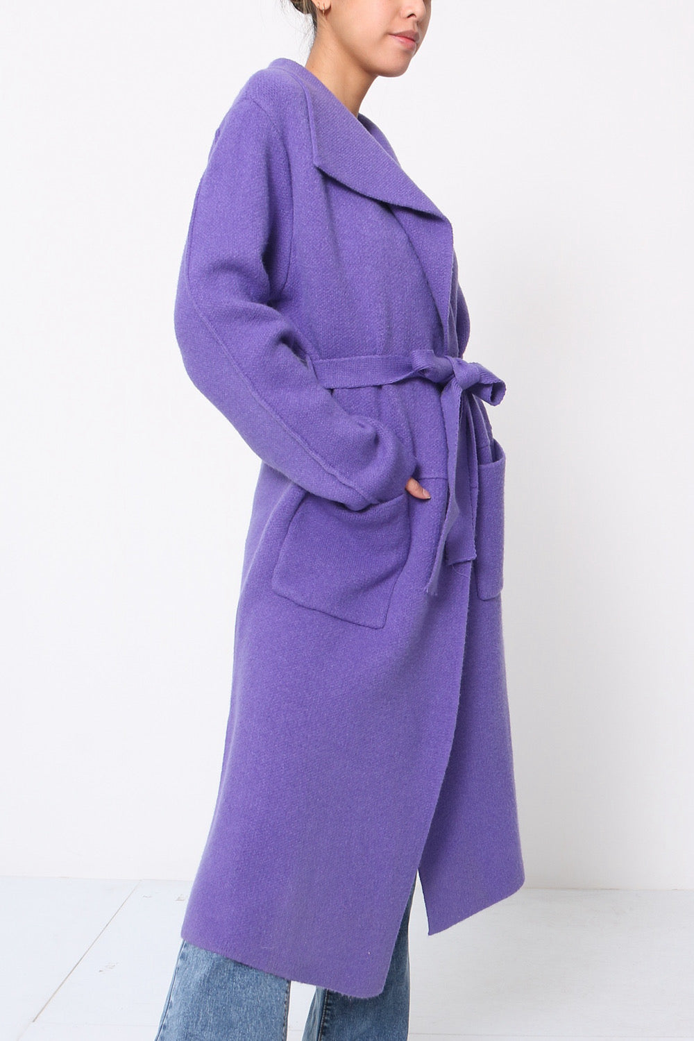 Orlinn - Μωβ Ζακέτα Midi με Τσέπες, Ζώνη & Σκισίματα στο Πλάι