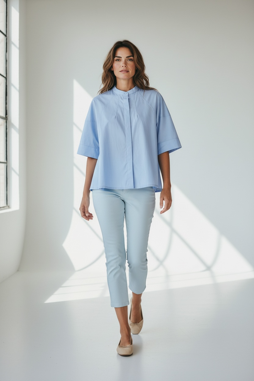 Zeta Otto - Γαλάζιο βαμβακερό πουκάμισο με γιακά mao & Α γραμμή