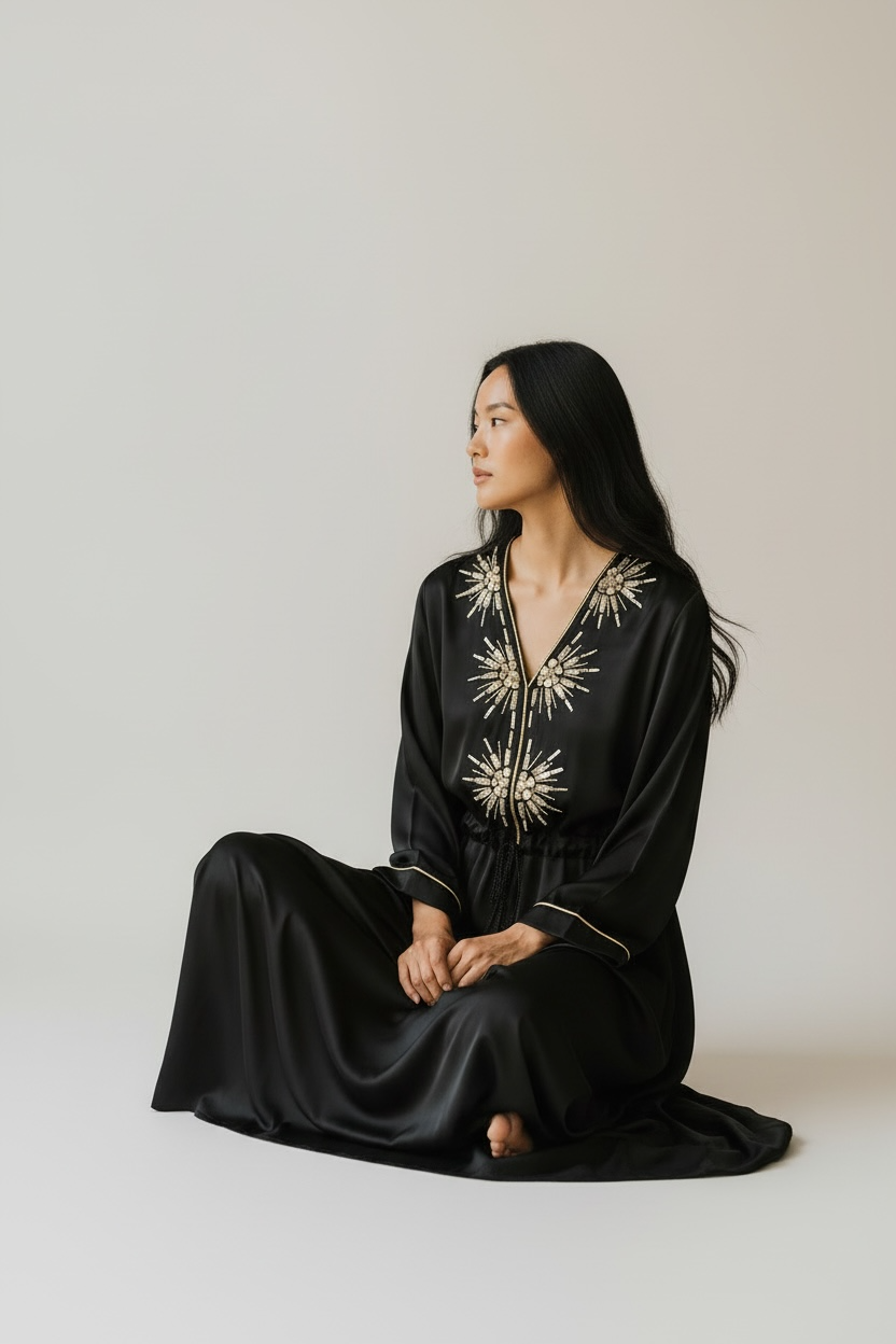 Charizma - Μάξι Καφτάνι Φόρεμα με Διακοσμητικά Στοιχεία και Ρυθμιζόμενη Μέση Μαύρο