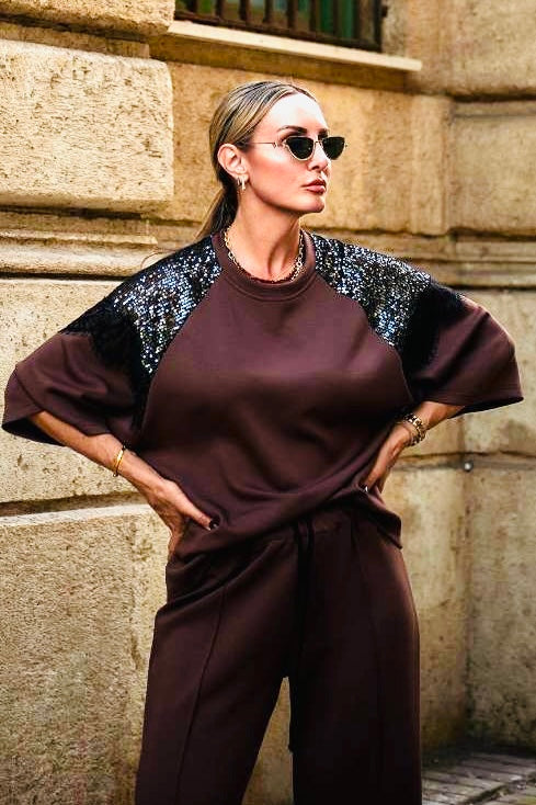 Figaro - Φαρδιά Παντελόνα Καφέ με Λάστιχο & Ρίγα στο Πλάι