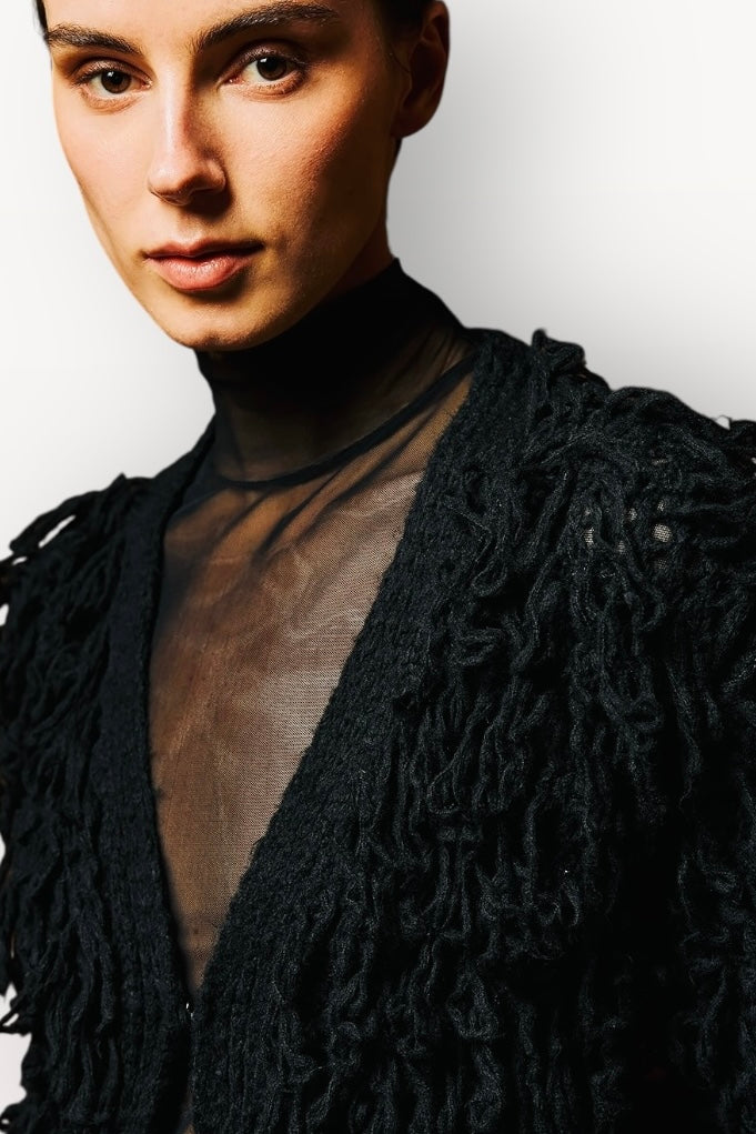 Tailor Made - Boho Touch Μακριά Πλεκτή Ζακέτα με Κρόσσια Μαύρη