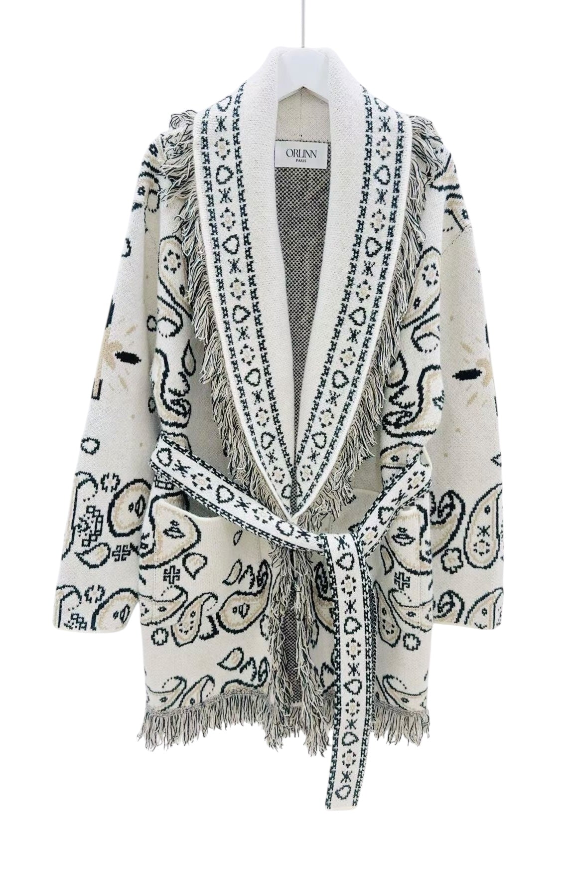 Orlinn - Ζακέτα Παλτό Boho Chic με Κρόσσια & Ζώνη Υπόλευκο