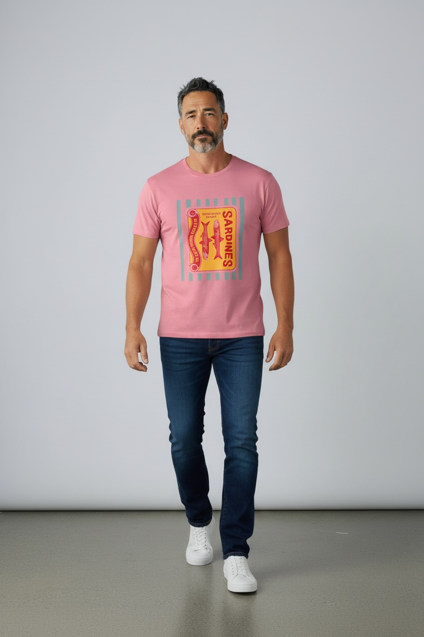 Charizma - Unisex Βαμβακερό Ροζ Μακό T-Shirt Oversized με Στάμπα Sardines