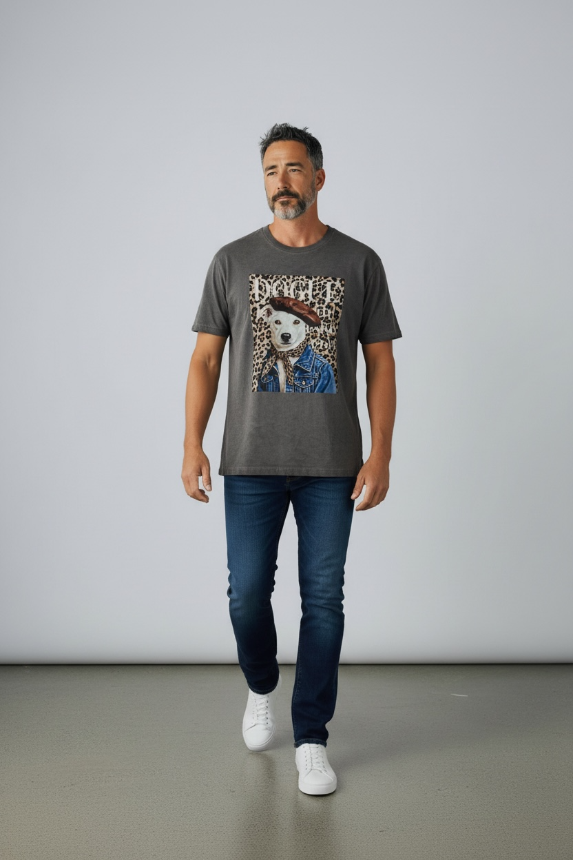 Charizma - Unisex Βαμβακερό Γκρι Μακό T-Shirt Oversized με Στάμπα Dogue Paris