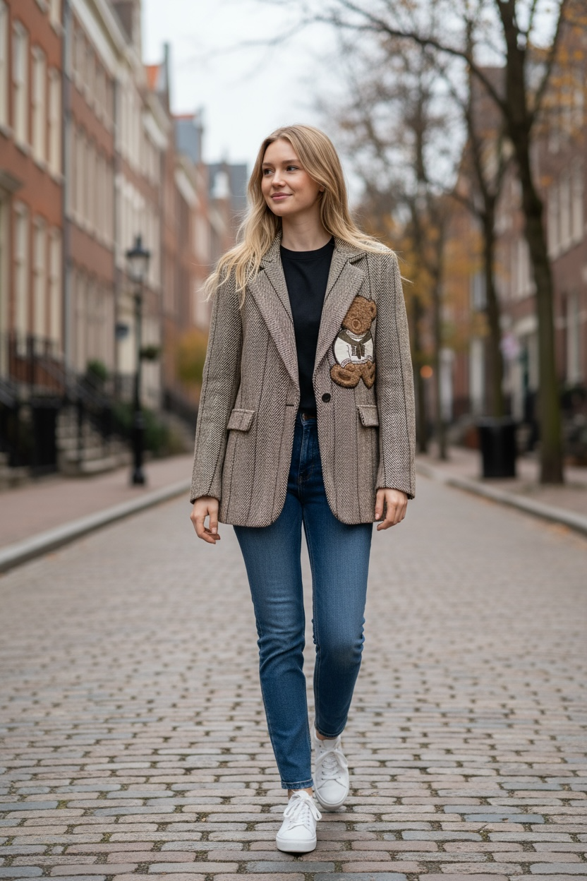 Charizma - Γυναικείο Καφέ Σακάκι Ψαροκόκκαλο με Αρκουδάκι