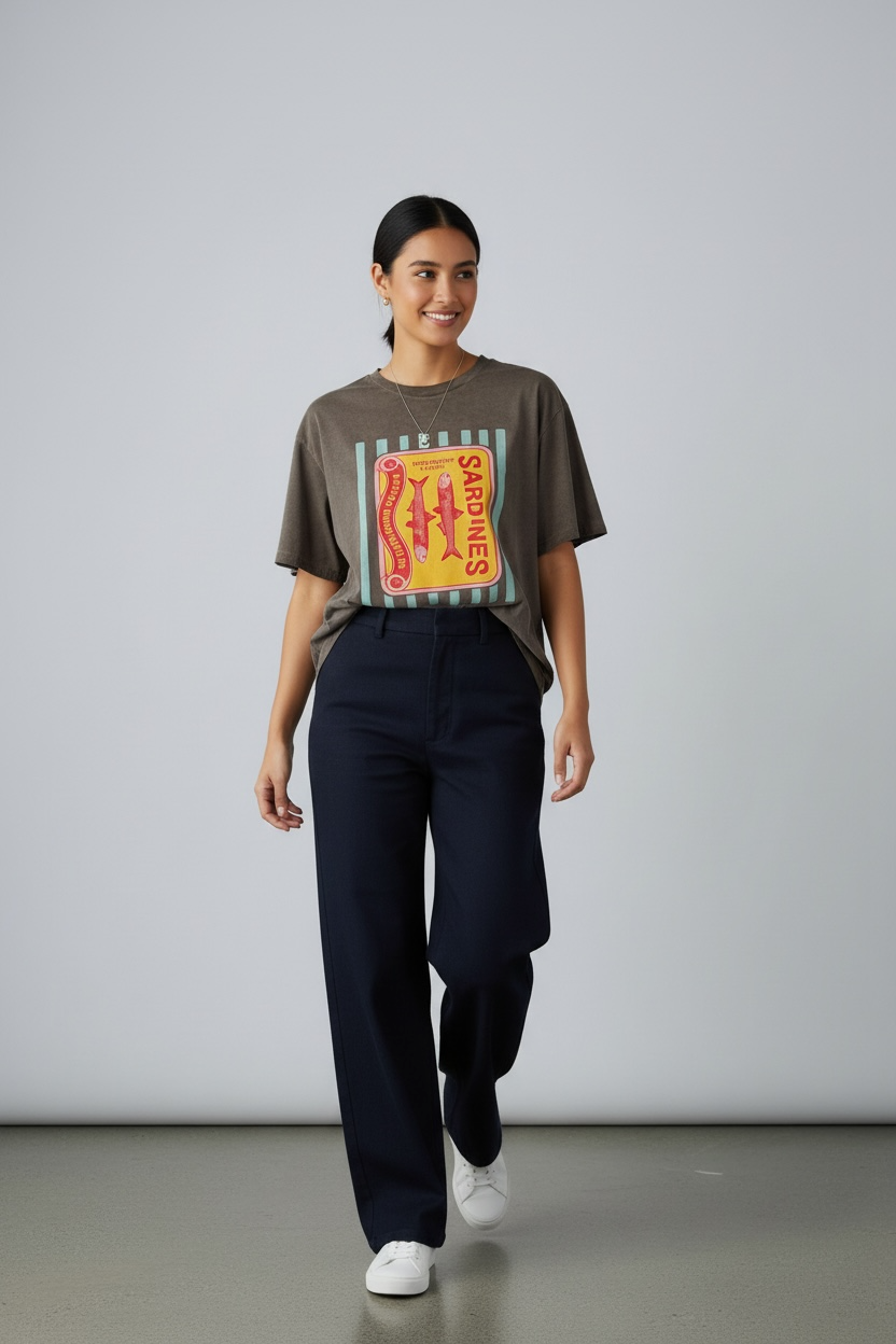 Charizma - Unisex Βαμβακερό Γκρι Μακό T-Shirt Oversized με Στάμπα Sardines