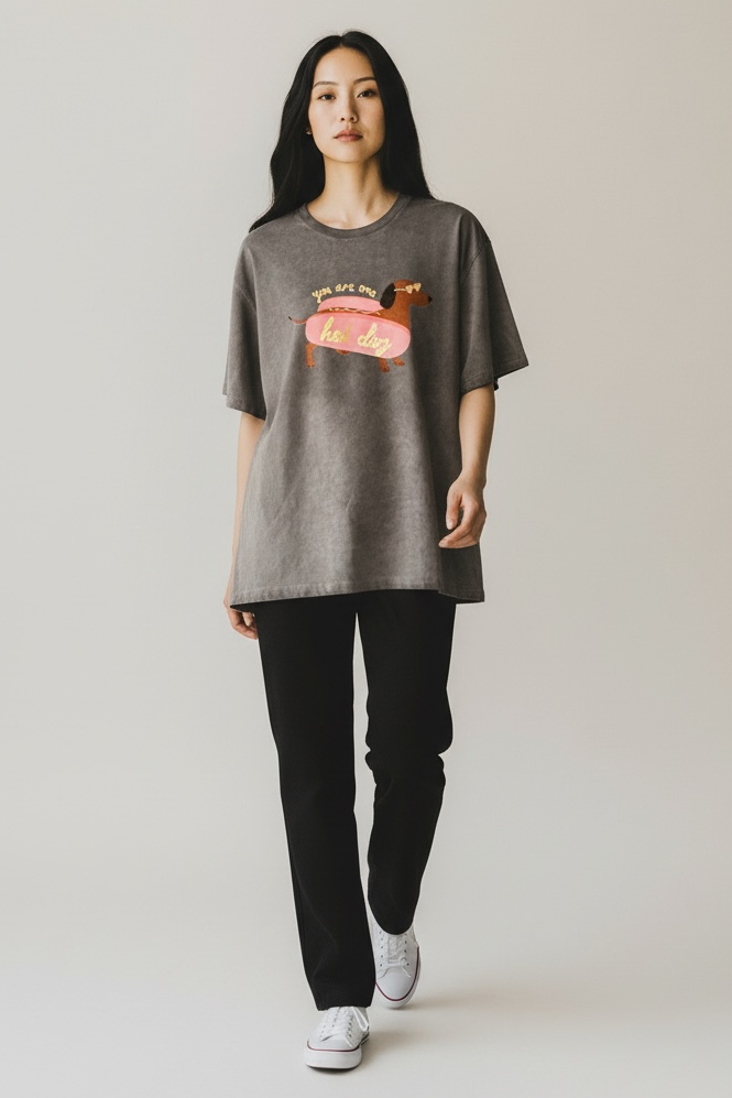 Charizma - Unisex Βαμβακερό Γκρι Μακό T-Shirt Oversized με Στάμπα Hot Dog