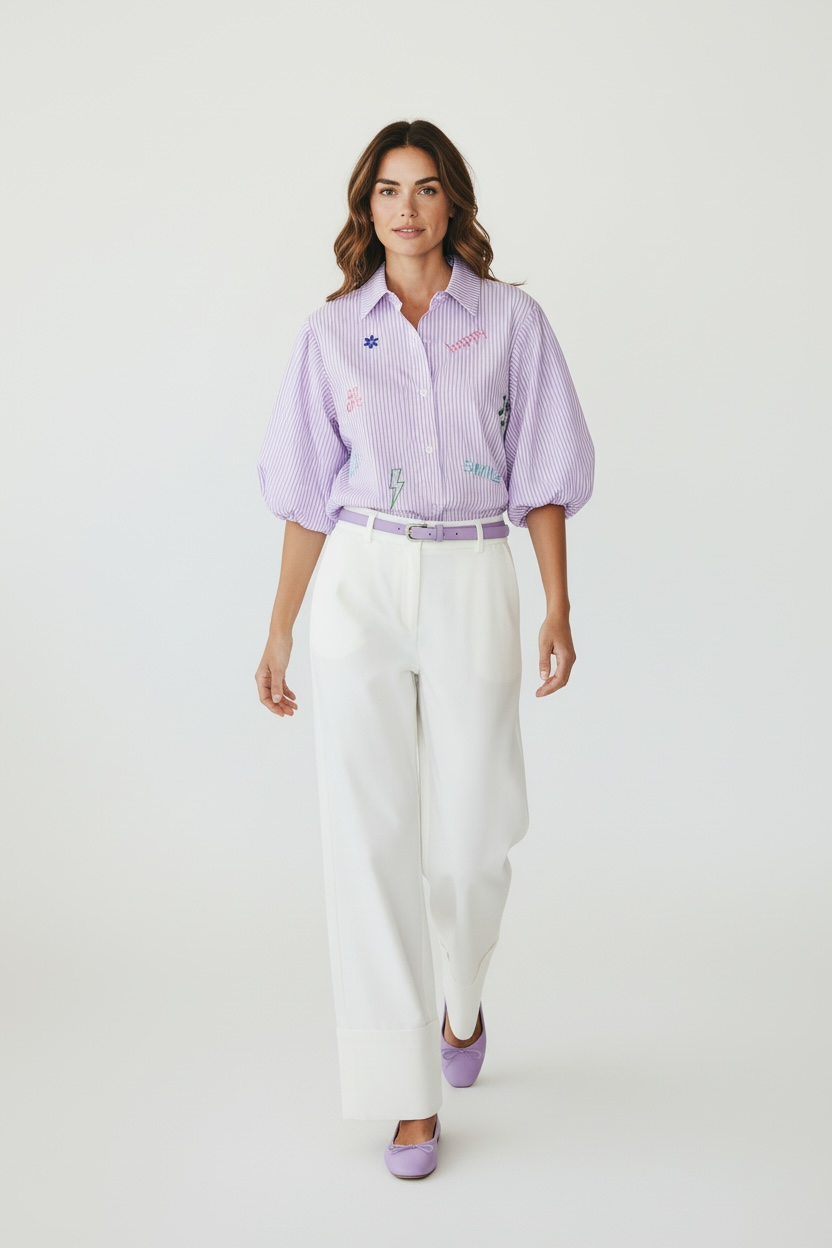 Zeta Otto - Γυναικείο Ριγέ Λιλά Πουκάμισο με κεντήματα & balloon κοντά μανίκια