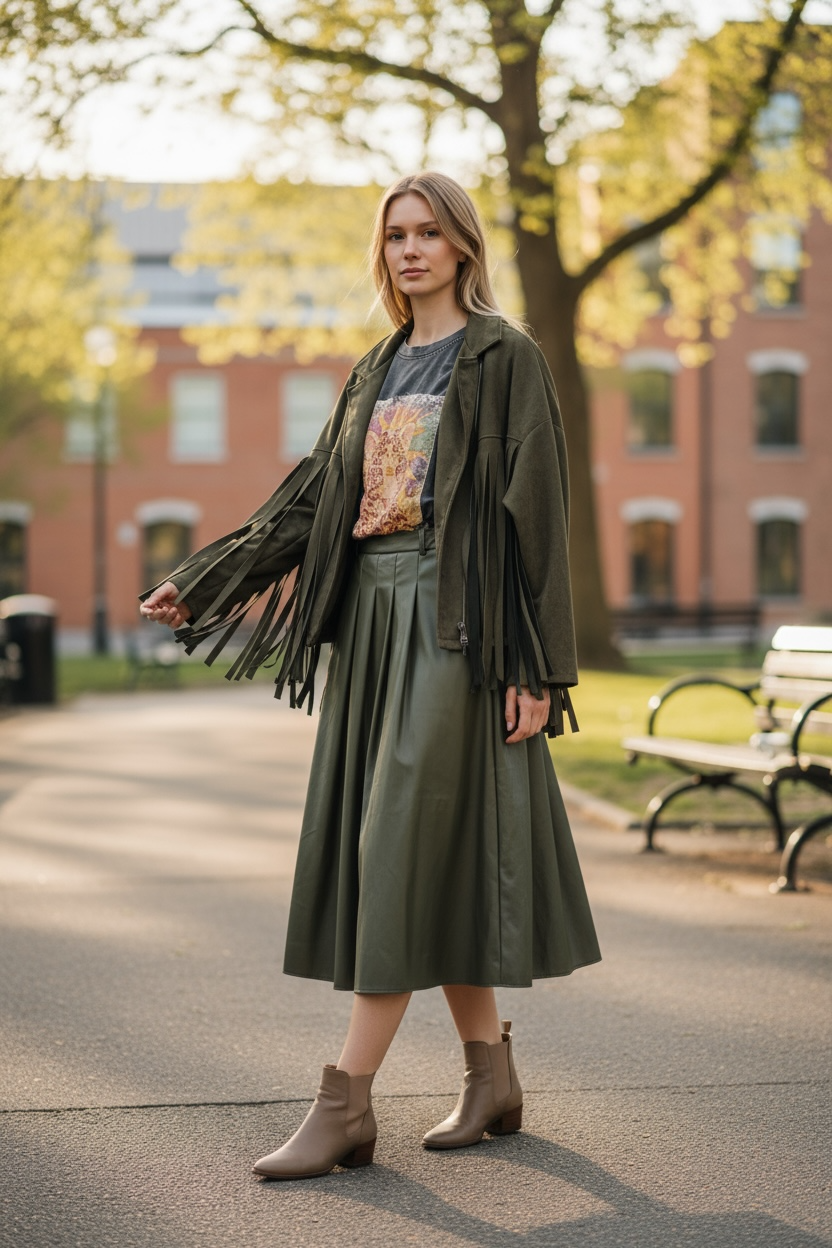 Charizma - Δερματίνη Φούστα με Πιέτες Χακί