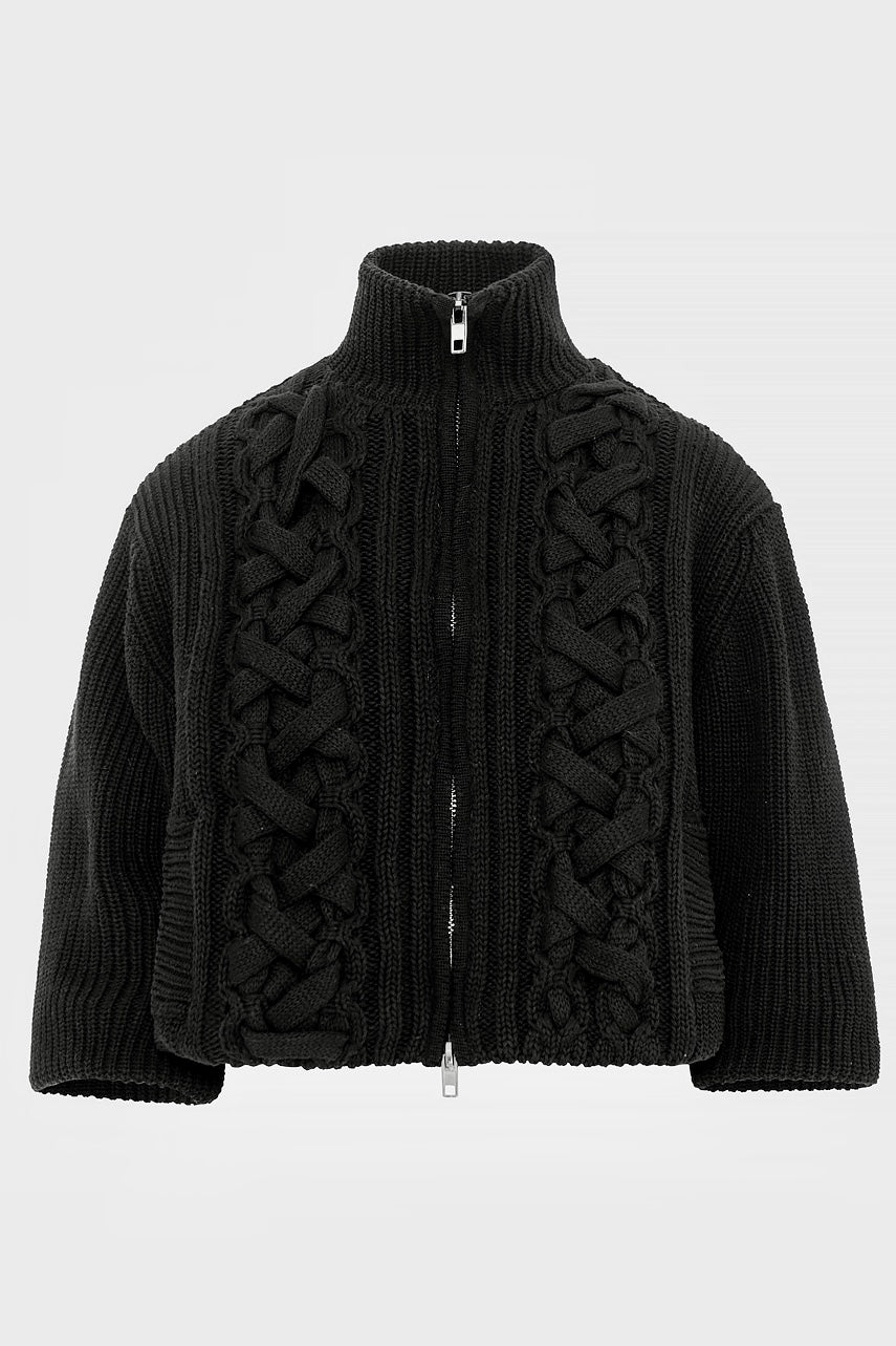 Tailor Made - Πλεκτό Ζιβάγκο Κοντό Μπουφάν με Φερμουάρ & Έντονη Πλέξη Μαύρο