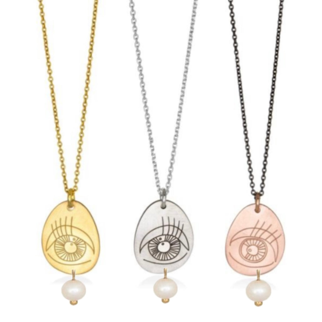 Pavlina Verouki Classic Eyes - Ασημένιο Κολιέ Μικρό Βότσαλο Μάτι κ Μαργαριτάρι Χρυσό & Μαύρη Αλυσίδα