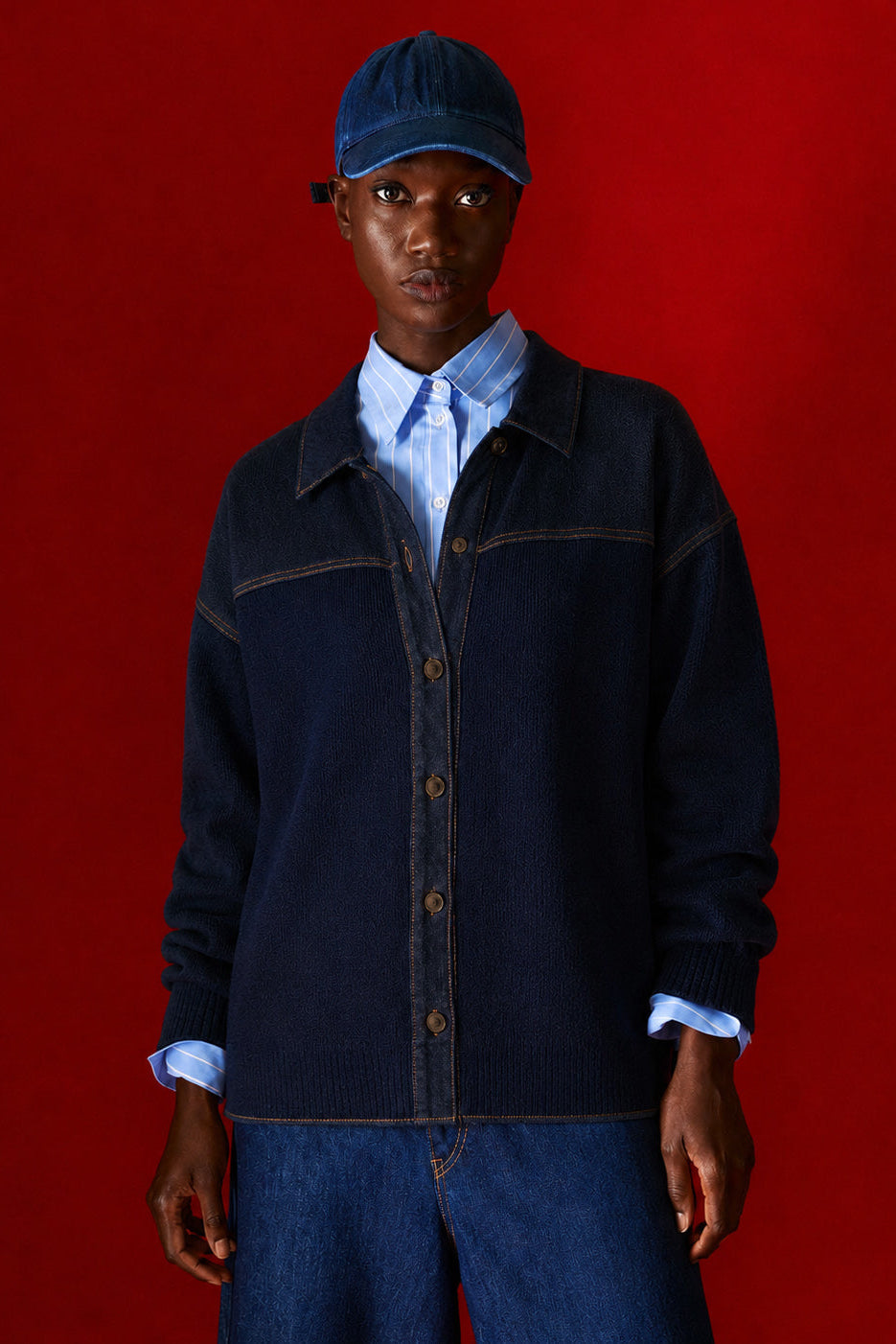 Tailor Made - Unisex Πλεκτή Navy Blue Ζακέτα με Denim Λεπτομέρειες