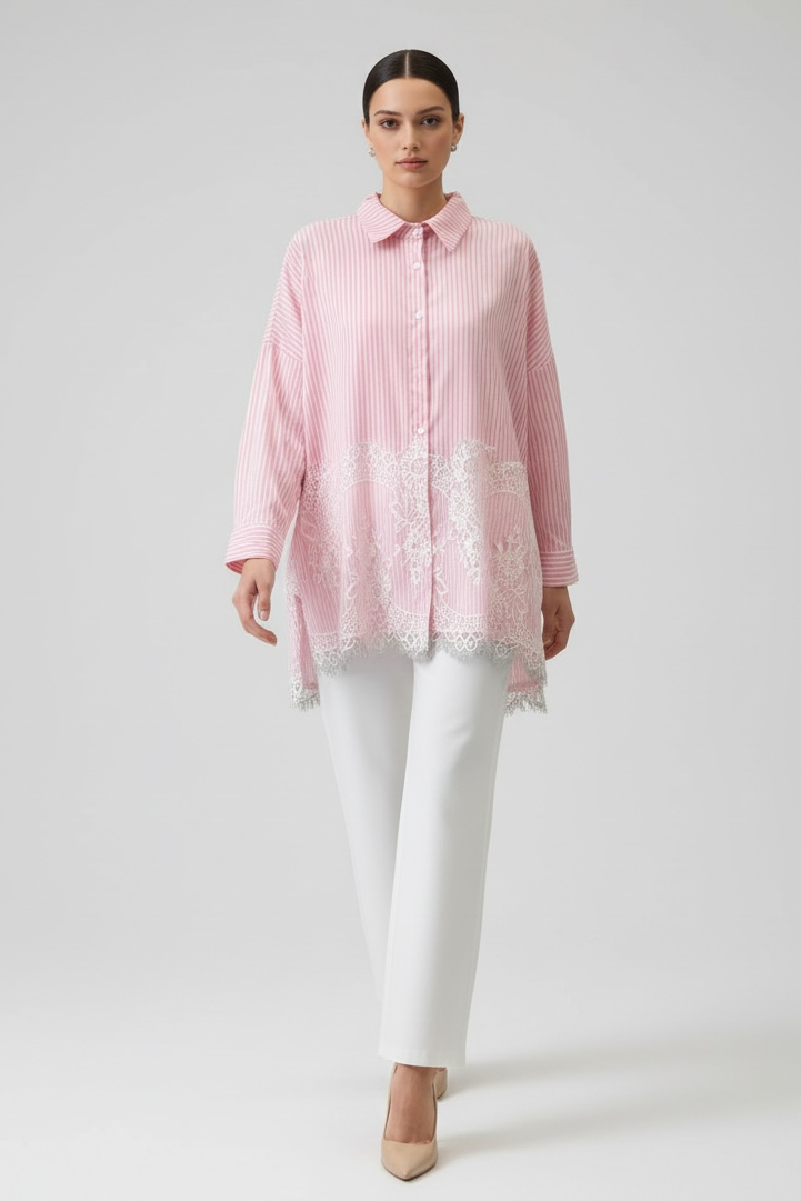 Charizma - Ροζ Oversized Ριγέ Πουκάμισο με Λευκή Δαντέλα