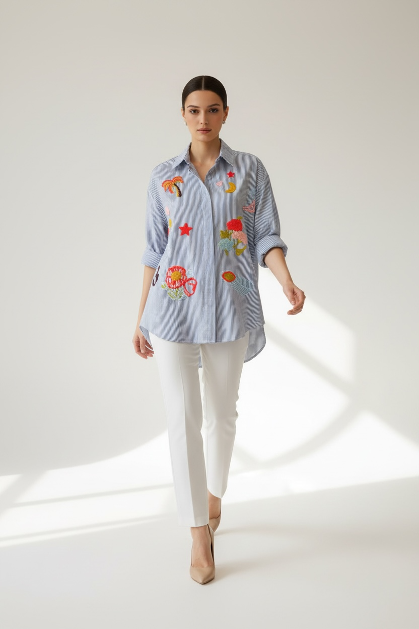 Zeta Otto - Oversized Ριγέ Πουκάμισο με Patches