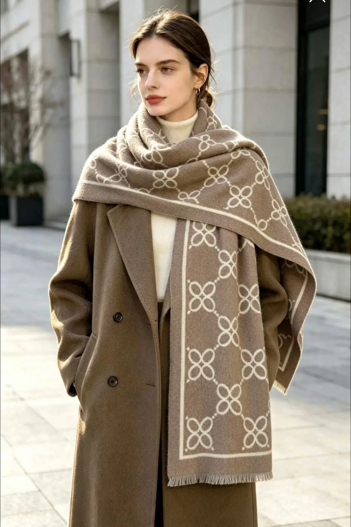 Victoria - Γυναικείο Oversized Κασκόλ Taupe με Σχέδιο Αλυσίδας