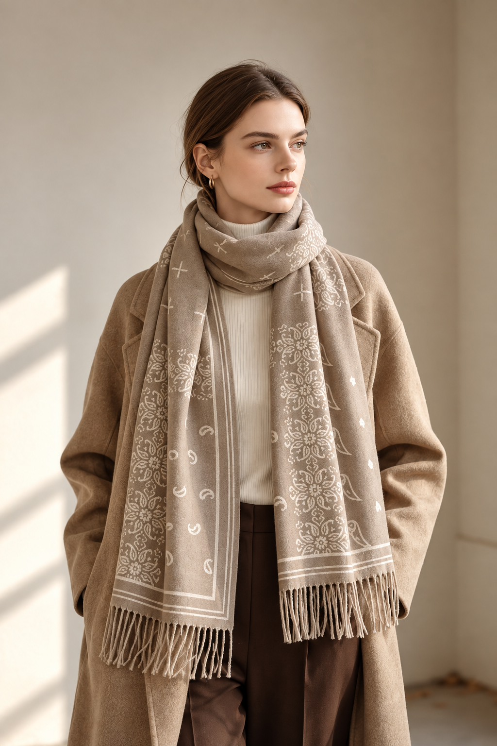 Victoria - Γυναικείο Taupe Κασκόλ Cashmere Feel με Paisley Σχέδιο και Κρόσσια