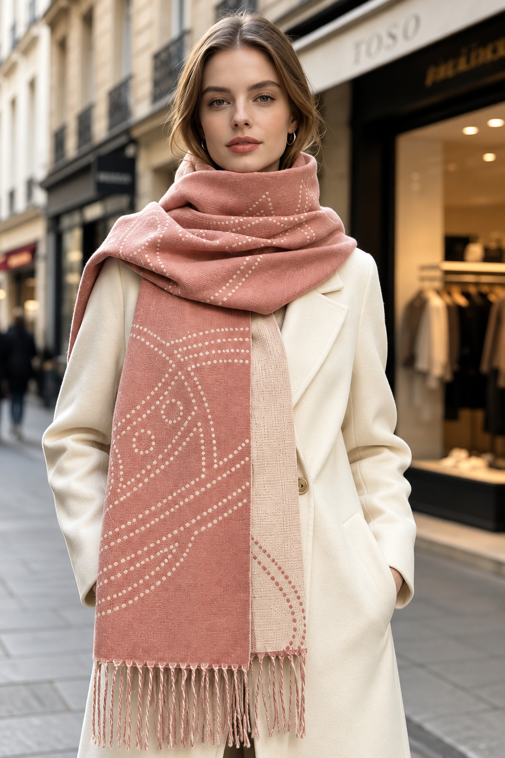 Victoria - Γυναικείο Ροζ Κασκόλ Cashmere Feel με Μοτίβο Πλανήτες και Κρόσσια
