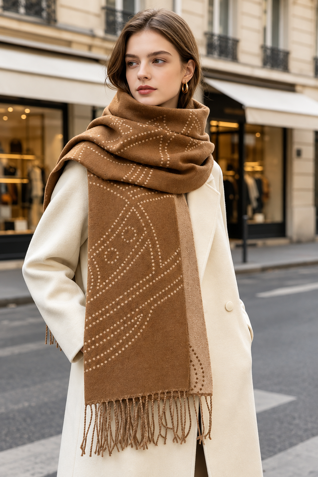 Victoria - Γυναικείο Καφέ Κασκόλ Cashmere Feel με Μοτίβο Πλανήτες και Κρόσσια