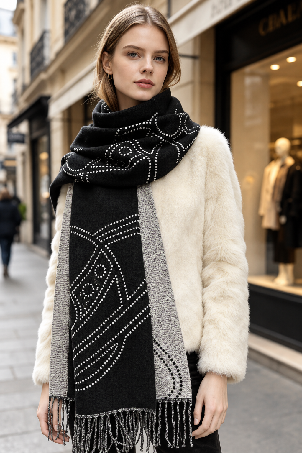 Victoria - Γυναικείο Μαύρο Κασκόλ Cashmere Feel με Μοτίβο Πλανήτες και Κρόσσια