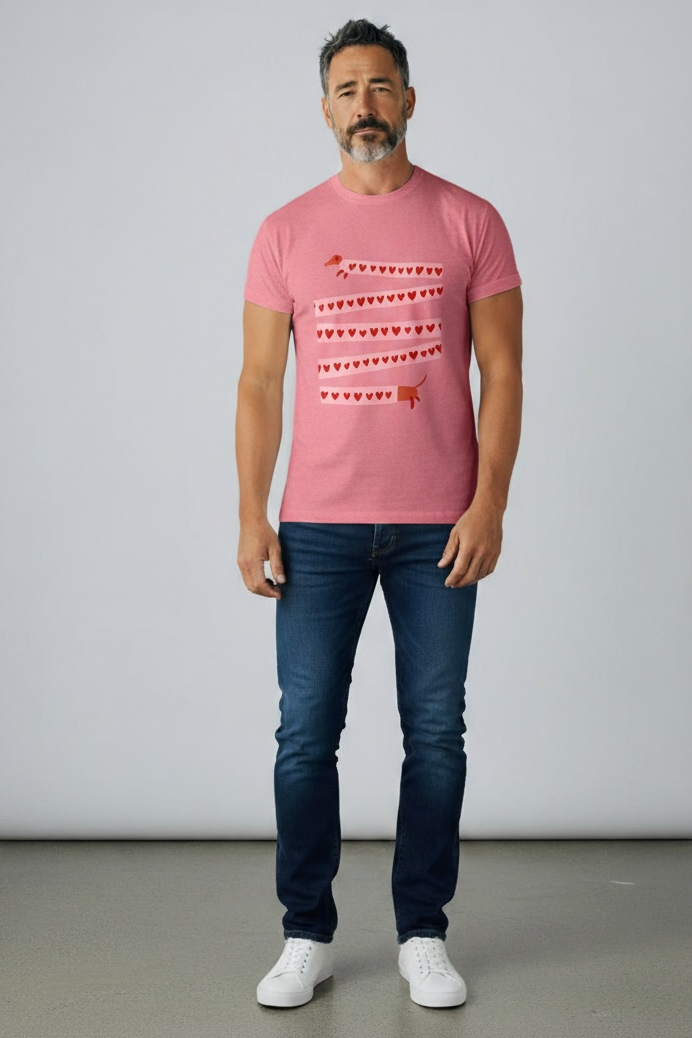 Charizma - Unisex Βαμβακερό Ροζ Μακό T-Shirt Oversized με Στάμπα Σκυλάκι Καρδιές